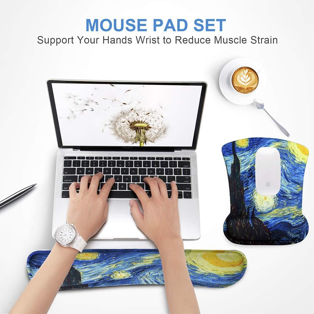 Mouse Pad with Wrist Support and Keyboard Wrist Rest Pad Set,Ergonomic Mouse Pads for Computers Laptop,Non-Slip Comfortable Mousepad W/Raised Memory Foam for Easy Typing & Pain Relief (Starry Night)