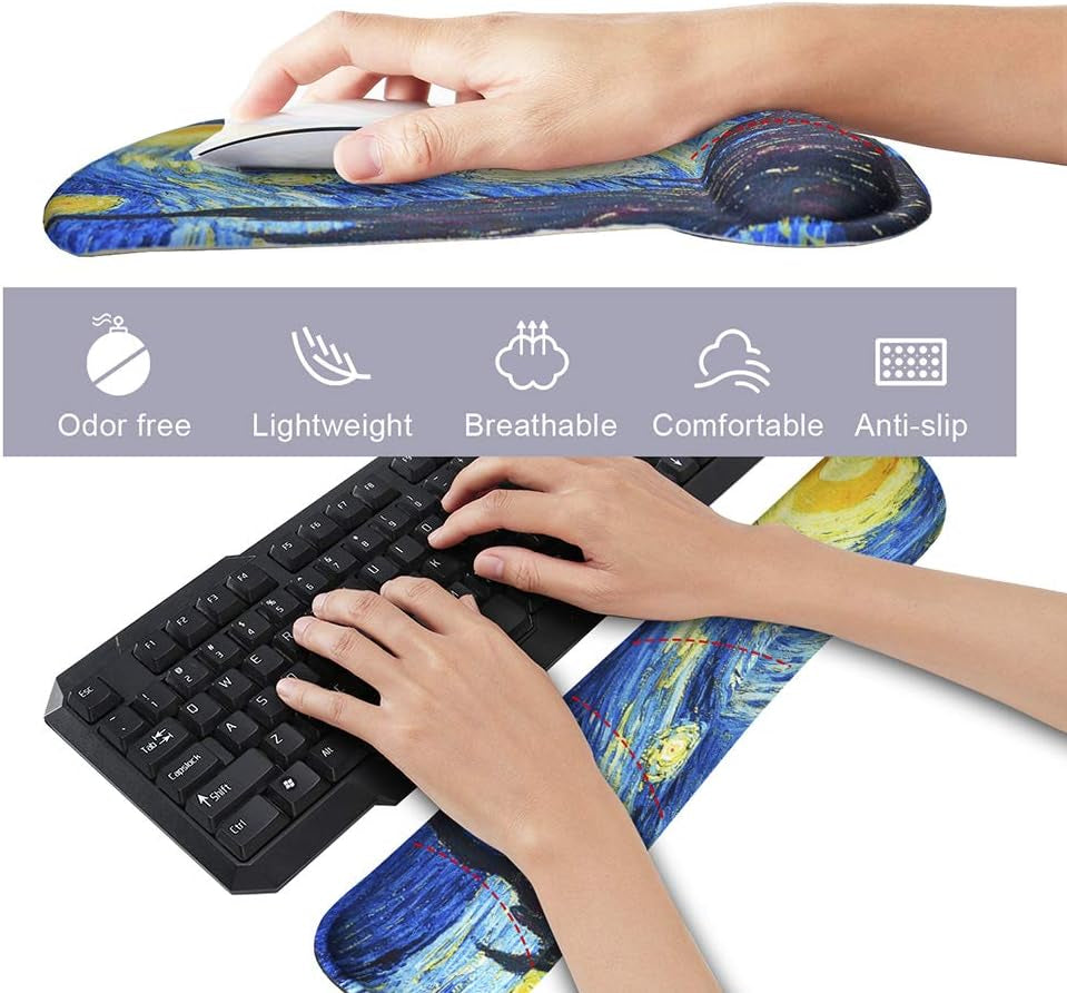 Mouse Pad with Wrist Support and Keyboard Wrist Rest Pad Set,Ergonomic Mouse Pads for Computers Laptop,Non-Slip Comfortable Mousepad W/Raised Memory Foam for Easy Typing & Pain Relief (Starry Night)