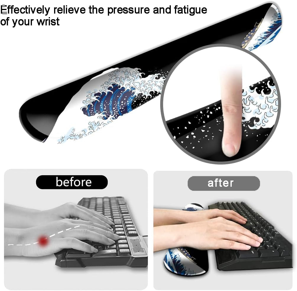 Keyboard Wrist Rest Pad and Mouse Wrist Rest Support, Comfort Wrist Rest Pad with Non-Slip Rubber Base & Memory Foam Support for Working Gaming Fatigue Pain Relief the Great Wave